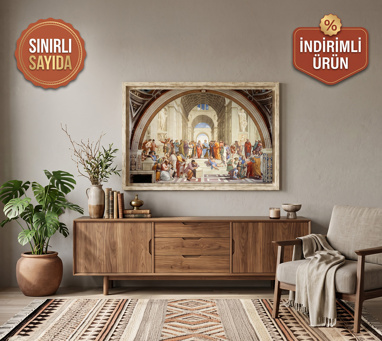 Çerçeveli Atina Okulu 60-40cm Antik Fildişi Çerçeve