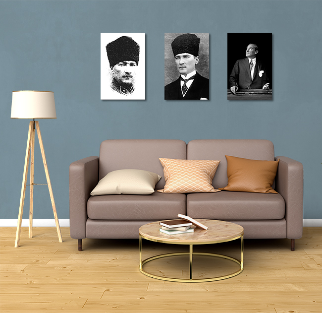 3 Parça Atatürk Tablosu Seti - Siyah Beyaz