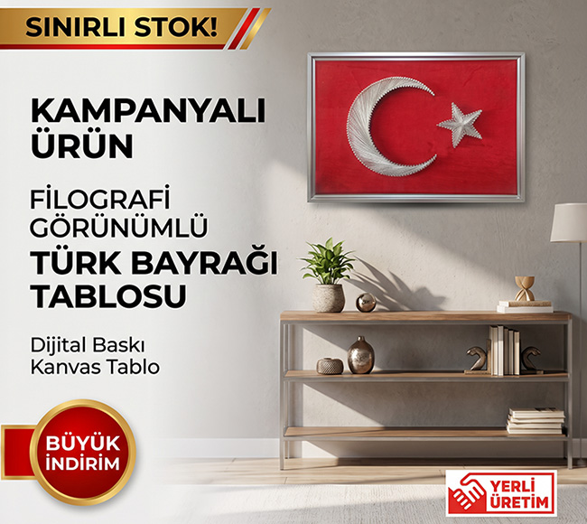 Çerçeveli Filografi Görünümlü Türk Bayrağı Dijital Baskı Kanvas Tablo 75x50cm